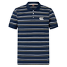 Introducing the Canterbury Yarn Dye Stripe Polo by Canterbury—a navy blue short-sleeve polo shirt with horizontal white and beige stripes, a buttoned collar, and the signature white Canterbury logo on the left chest, subtly reflecting classic rugby heritage.