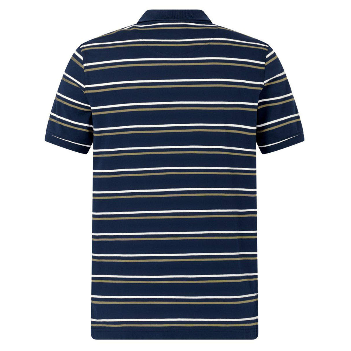 Canterbury Yarn Dye Stripe Polo by Canterbury, featuring white and beige horizontal stripes on navy blue short sleeves, shown from the back against a plain background.