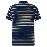 Canterbury Yarn Dye Stripe Polo by Canterbury, featuring white and beige horizontal stripes on navy blue short sleeves, shown from the back against a plain background.