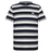 The Canterbury Fundamental Yarn Dye Stripe T-Shirt features rugby-inspired horizontal navy, white, and olive green stripes with a small white logo on the left chest.