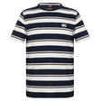 The Canterbury Fundamental Yarn Dye Stripe T-Shirt features rugby-inspired horizontal navy, white, and olive green stripes with a small white logo on the left chest.
