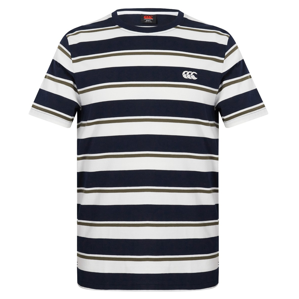 The Canterbury Fundamental Yarn Dye Stripe T-Shirt features rugby-inspired horizontal navy, white, and olive green stripes with a small white logo on the left chest.