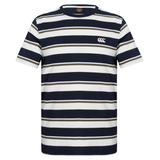 The Canterbury Fundamental Yarn Dye Stripe T-Shirt features rugby-inspired horizontal navy, white, and olive green stripes with a small white logo on the left chest.