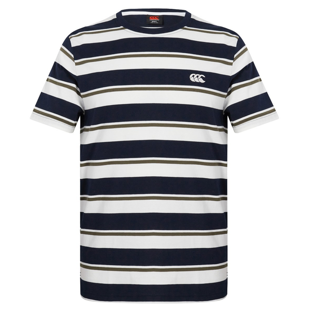 The Canterbury Fundamental Yarn Dye Stripe T-Shirt features rugby-inspired horizontal navy, white, and olive green stripes with a small white logo on the left chest.