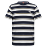The Canterbury Fundamental Yarn Dye Stripe T-Shirt features rugby-inspired horizontal navy, white, and olive green stripes with a small white logo on the left chest.