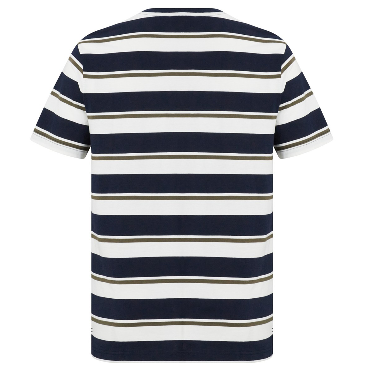The Canterbury Fundamental Yarn Dye Stripe T-Shirt features short sleeves and horizontal navy, white, and olive green stripes—a rugby-inspired essential shown from the back.
