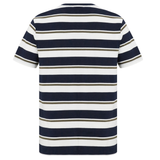 The Canterbury Fundamental Yarn Dye Stripe T-Shirt features short sleeves and horizontal navy, white, and olive green stripes—a rugby-inspired essential shown from the back.