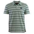 The Fundamental Yarn Dye Stripe Polo by Canterbury features a light green base with dark and white stripes, short sleeves, a classic collar with three buttons, and the Canterbury logo on the left chest.
