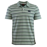 The Fundamental Yarn Dye Stripe Polo by Canterbury features a light green base with dark and white stripes, short sleeves, a classic collar with three buttons, and the Canterbury logo on the left chest.