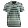 The Fundamental Yarn Dye Stripe Polo by Canterbury features a light green base with dark and white stripes, short sleeves, a classic collar with three buttons, and the Canterbury logo on the left chest.