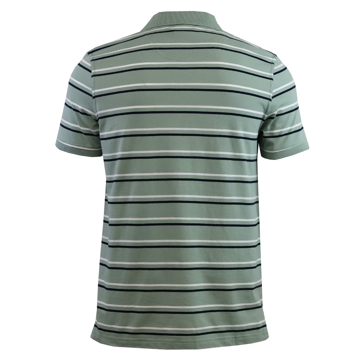 The Fundamental Yarn Dye Stripe Polo by Canterbury features short sleeves and light green fabric with horizontal white, black, and dark green stripes, shown from the back.