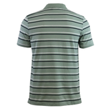 The Fundamental Yarn Dye Stripe Polo by Canterbury features short sleeves and light green fabric with horizontal white, black, and dark green stripes, shown from the back.