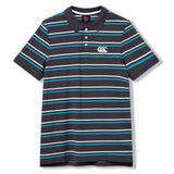 Introducing the Canterbury Yarn Dye Stripe Polo by Canterbury. This short-sleeve polo showcases a timeless black base, accented with blue, white, and teal horizontal stripes. The design features a three-button placket and a crisp white Canterbury logo on the left chest, merging sporty flair with everyday comfort.