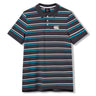 Introducing the Canterbury Yarn Dye Stripe Polo by Canterbury. This short-sleeve polo showcases a timeless black base, accented with blue, white, and teal horizontal stripes. The design features a three-button placket and a crisp white Canterbury logo on the left chest, merging sporty flair with everyday comfort.