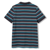 A back view of the Canterbury Yarn Dye Stripe Polo by Canterbury, a short-sleeved rugby polo featuring dark fabric with horizontal blue, white, and teal yarn dye stripes, displayed against a white background.