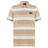 The Fundamental Engineered Stripe Polo by Canterbury features beige and white engineered stripes, a short-sleeve design, three-button placket, and a black embroidered logo on the left chest for classic Canterbury style.