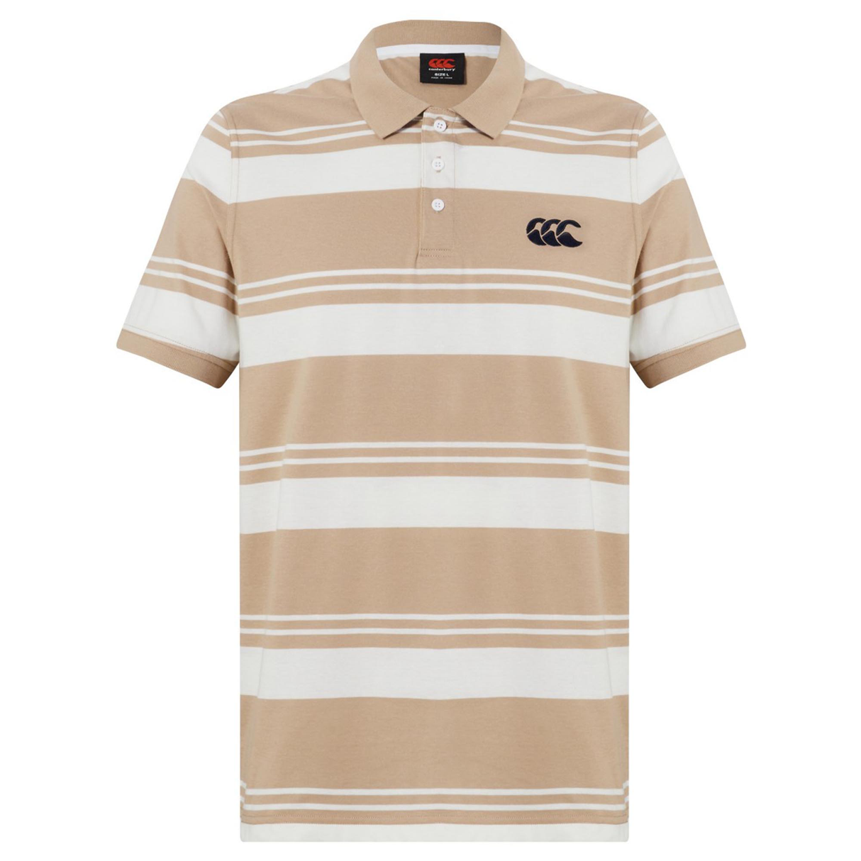 The Fundamental Engineered Stripe Polo by Canterbury features beige and white engineered stripes, a short-sleeve design, three-button placket, and a black embroidered logo on the left chest for classic Canterbury style.