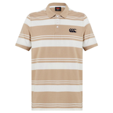 The Fundamental Engineered Stripe Polo by Canterbury features beige and white engineered stripes, a short-sleeve design, three-button placket, and a black embroidered logo on the left chest for classic Canterbury style.