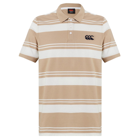 The Fundamental Engineered Stripe Polo by Canterbury features beige and white engineered stripes, a short-sleeve design, three-button placket, and a black embroidered logo on the left chest for classic Canterbury style.