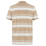Back view of the Fundamental Engineered Stripe Polo by Canterbury, a short-sleeve polo with beige and white horizontal stripes.