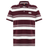 The Fundamental Engineered Stripe Polo by Canterbury features maroon and white stripes, a collar, button placket, and embroidered left chest logo, inspired by classic Canterbury rugby polo designs.