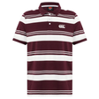 The Fundamental Engineered Stripe Polo by Canterbury features maroon and white stripes, a collar, button placket, and embroidered left chest logo, inspired by classic Canterbury rugby polo designs.
