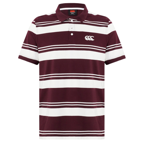 The Fundamental Engineered Stripe Polo by Canterbury features maroon and white stripes, a collar, button placket, and embroidered left chest logo, inspired by classic Canterbury rugby polo designs.