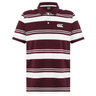 The Fundamental Engineered Stripe Polo by Canterbury features maroon and white stripes, a collar, button placket, and embroidered left chest logo, inspired by classic Canterbury rugby polo designs.