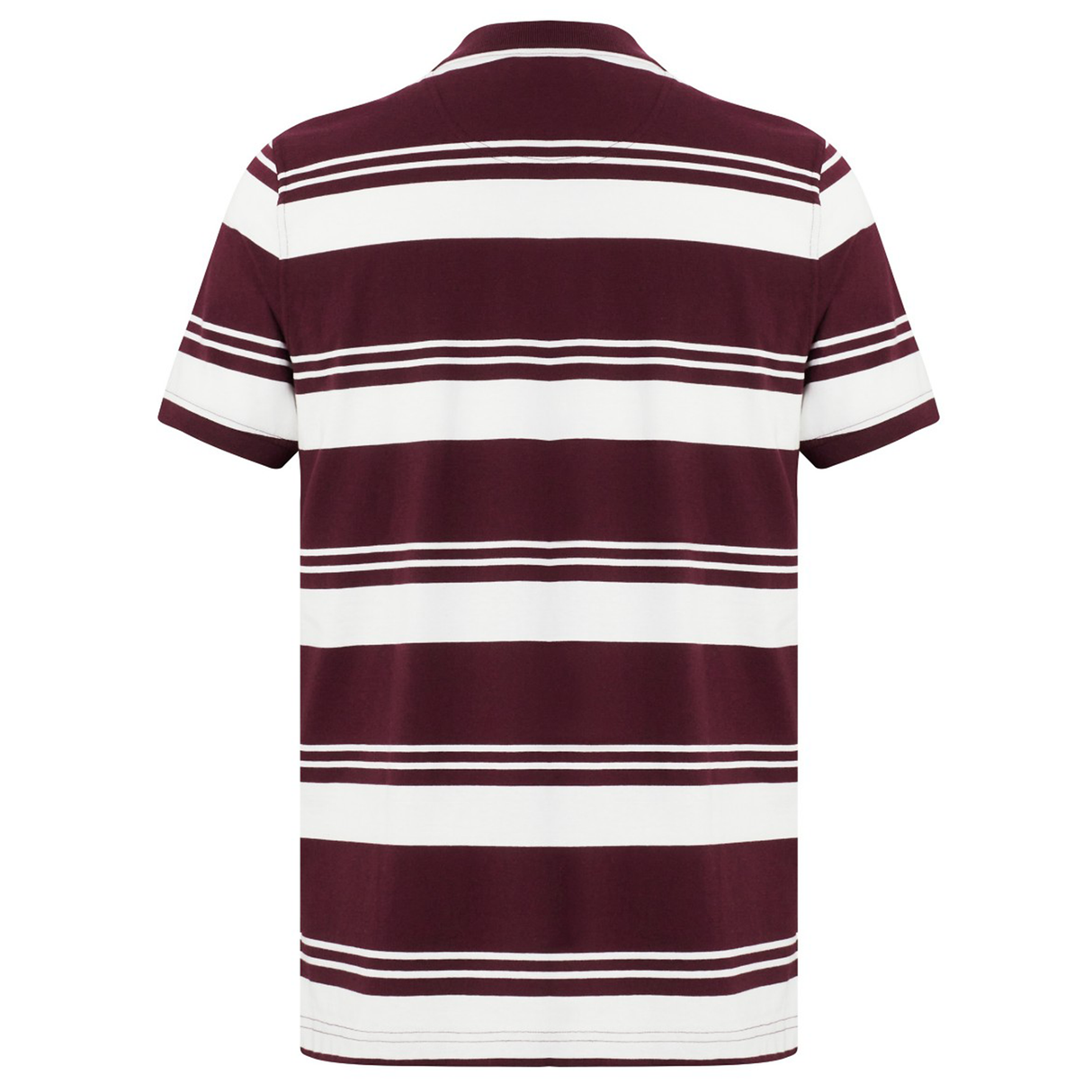 The Fundamental Engineered Stripe Polo by Canterbury features short sleeves and bold horizontal maroon and white stripes, shown from the back.
