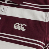 Close-up of the Fundamental Engineered Stripe Polo by Canterbury in maroon and white, highlighting its rugby heritage with an embroidered white Canterbury logo on the chest.