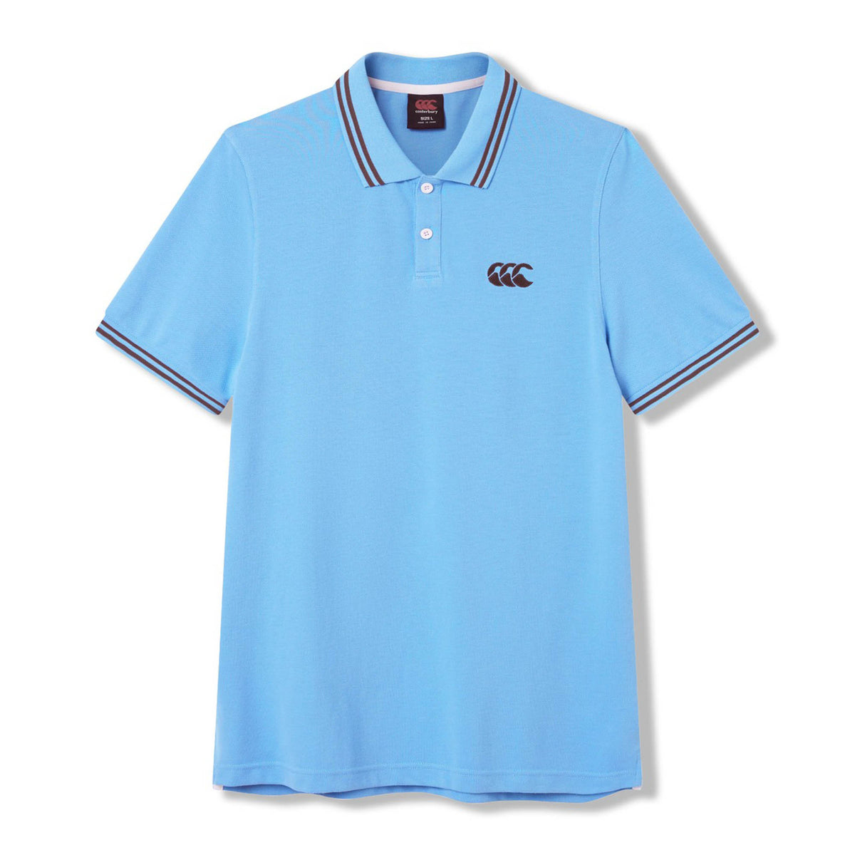 Canterbury Solid Dye Polo by Canterbury: This light blue short-sleeve athletic polo shirt features a collared neckline with two buttons, a black Canterbury logo on the left chest, and striped edging on the collar and sleeves.