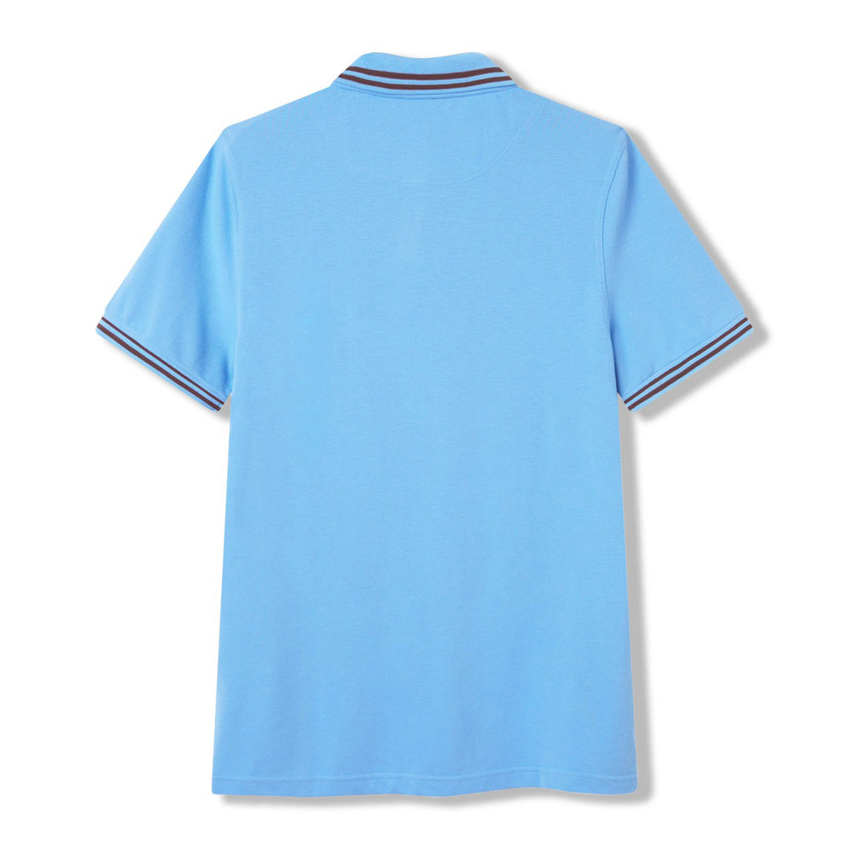 Canterbury Solid Dye Polo by Canterbury in sky blue, featuring short sleeves and dark and white striped trim on the collar and sleeve cuffs, shown from the back.