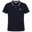 The Canterbury Solid Dye Polo by Canterbury is a navy blue, short-sleeve shirt featuring a collar with three buttons, white and blue trim, and the Canterbury logo on the left chest. Inspired by rugby style, this polo adds an athletic touch to your everyday wardrobe.