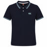 The Canterbury Solid Dye Polo by Canterbury is a navy blue, short-sleeve shirt featuring a collar with three buttons, white and blue trim, and the Canterbury logo on the left chest. Inspired by rugby style, this polo adds an athletic touch to your everyday wardrobe.