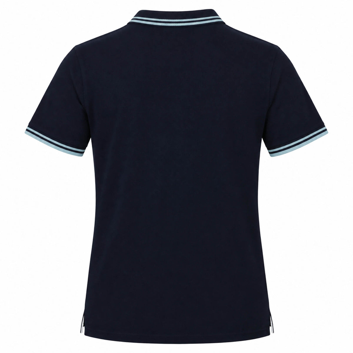 The Canterbury Solid Dye Polo by Canterbury is shown from the back in navy blue, with light blue and white stripes accenting the collar and sleeve cuffs for a sporty, rugby-inspired look.