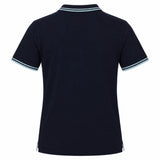 The Canterbury Solid Dye Polo by Canterbury is shown from the back in navy blue, with light blue and white stripes accenting the collar and sleeve cuffs for a sporty, rugby-inspired look.