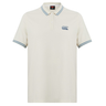 The Canterbury Fundamental Solid Dye Polo is cream-colored with a rugby-inspired look, featuring blue and white striped collar and cuffs, plus a blue logo on the left chest.