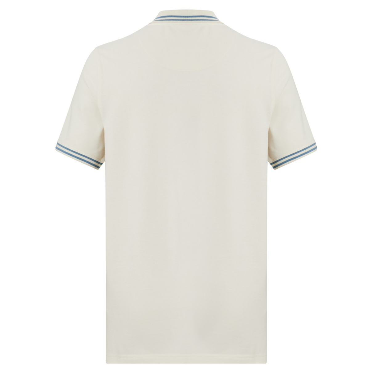 Back view of the Fundamental Solid Dye Polo by Canterbury—a short-sleeve, off-white polo with a rugby-inspired look and blue-and-white striped trim on the sleeves and collar.