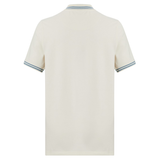 Back view of the Fundamental Solid Dye Polo by Canterbury—a short-sleeve, off-white polo with a rugby-inspired look and blue-and-white striped trim on the sleeves and collar.
