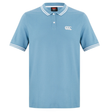 The Fundamental Solid Dye Polo by Canterbury features a light blue solid dye, white collar and sleeve stripes, three-button placket, and a white logo on the left chest for a classic rugby-inspired style.