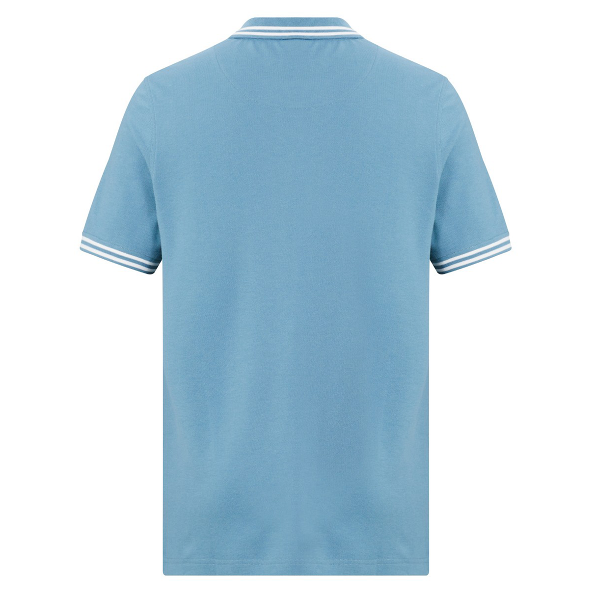 The Fundamental Solid Dye Polo by Canterbury is shown from the back in light blue, featuring short sleeves and white-striped edges on the collar and cuffs.