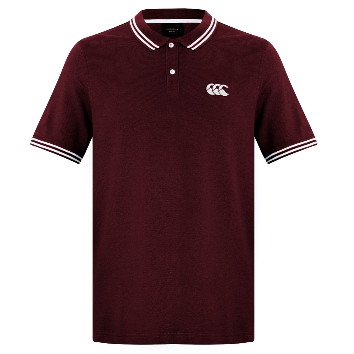 The Canterbury Fundamental Solid Dye Polo is a maroon, short-sleeve shirt with white collar and sleeve trim, a white Canterbury logo on the left chest, and a rugby-inspired design.