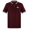 The Canterbury Fundamental Solid Dye Polo is a maroon, short-sleeve shirt with white collar and sleeve trim, a white Canterbury logo on the left chest, and a rugby-inspired design.