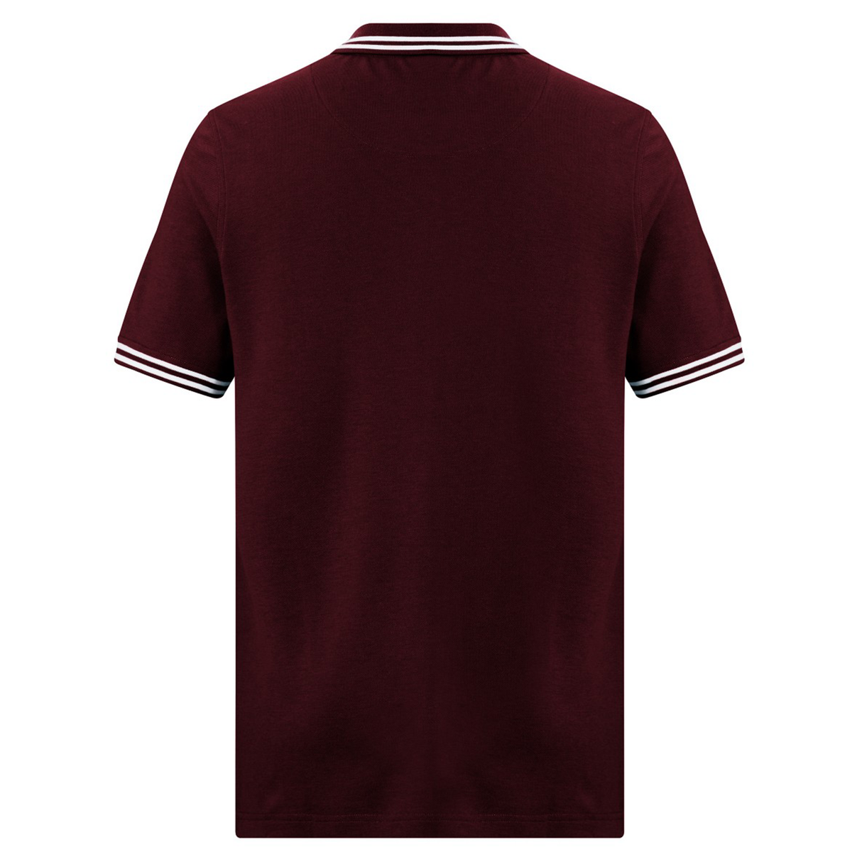 The Fundamental Solid Dye Polo by Canterbury, in burgundy, features white and black stripes on the collar and sleeve cuffs with a rugby-inspired back design.