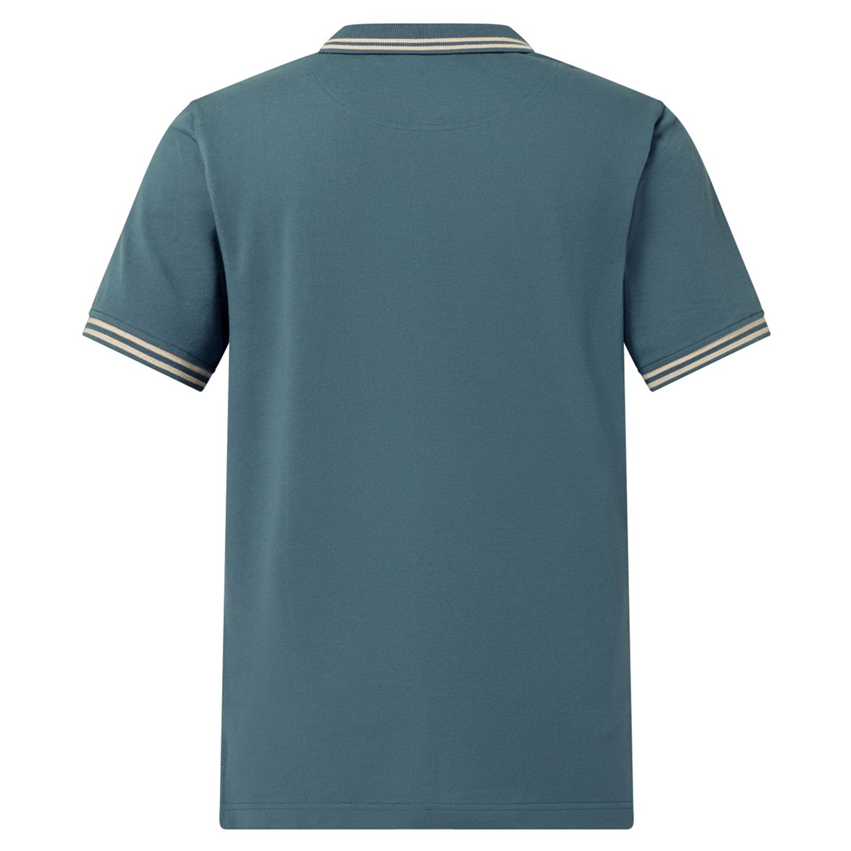 The back view of the Canterbury Solid Dye Polo in blue, a short-sleeved polo shirt with striped trim on the collar and sleeve cuffs, displayed against a plain white background. This Canterbury polo blends classic rugby-inspired details with athletic style for a timeless appearance.