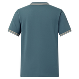 The back view of the Canterbury Solid Dye Polo in blue, a short-sleeved polo shirt with striped trim on the collar and sleeve cuffs, displayed against a plain white background. This Canterbury polo blends classic rugby-inspired details with athletic style for a timeless appearance.
