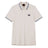 The Canterbury Solid Dye Polo by Canterbury is a white short-sleeve athletic shirt featuring a blue-striped collar and cuffs, a two-button placket, and a small black logo on the left chest.