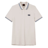 The Canterbury Solid Dye Polo by Canterbury is a white short-sleeve athletic shirt featuring a blue-striped collar and cuffs, a two-button placket, and a small black logo on the left chest.