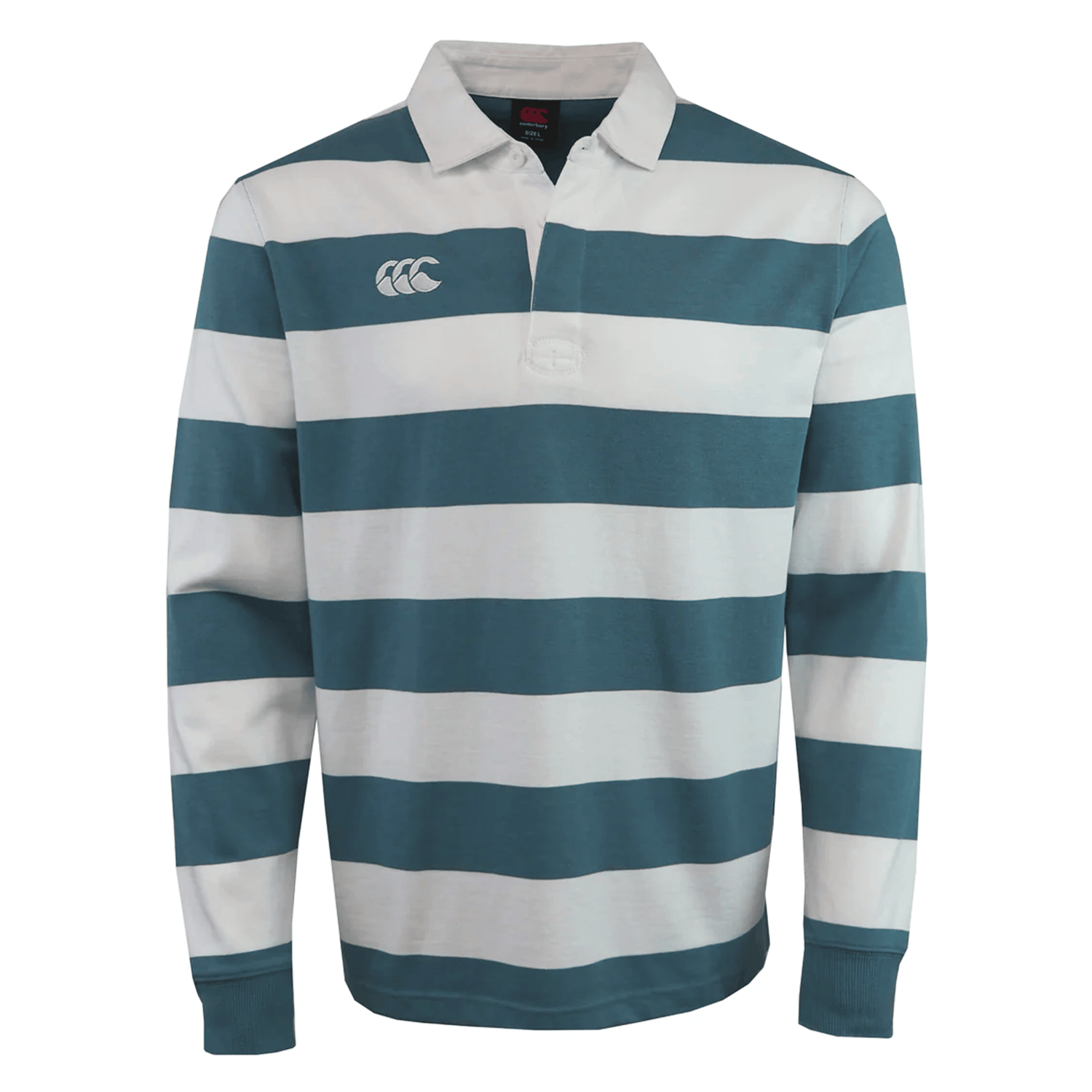 The Canterbury Fundamental Yarn Dye Stripe Long Sleeve Rugby Jersey features wide teal and white stripes, a crisp white collar, and a small white logo on the left chest.
