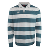 The Canterbury Fundamental Yarn Dye Stripe Long Sleeve Rugby Jersey features wide teal and white stripes, a crisp white collar, and a small white logo on the left chest.